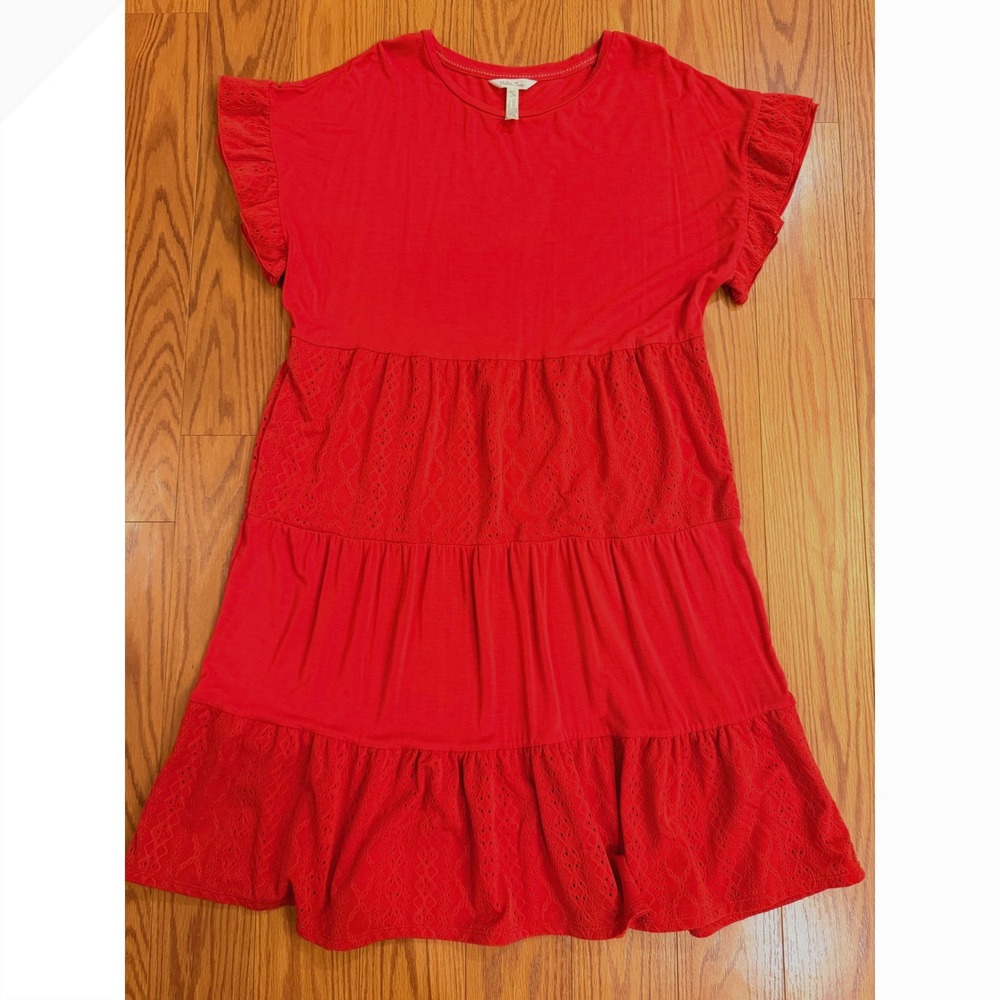 Matilda Jane Womens Tiered‎ Dress Medium Red Eyelet Flutter Sleeve Boho Cottage